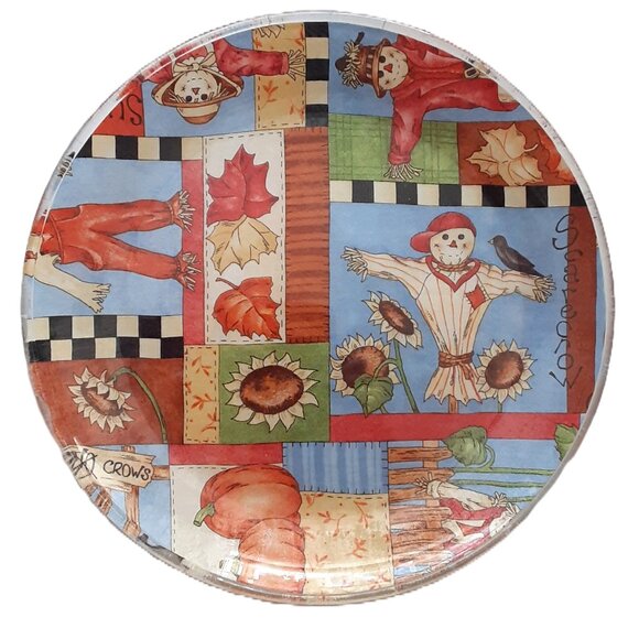Fall Decorative Serving Plate, Thanksgiving plate, Scarecrow, Maple Leaves, 10" - Picture 1 of 3